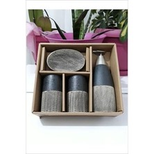 Pinkev Antrasit Renkli 4 Parça Seramik Sıvı Sabunluk Banyo Seti Modern Tasarım ve Dayanıklı Malzeme