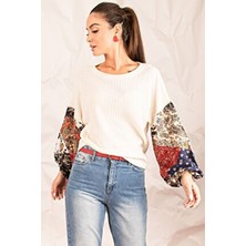 Armonika Kadın Ekru Balon Kol Desenli Triko Bluz Viskon Kumaş Bisiklet Yaka Slim Fit Kalıp