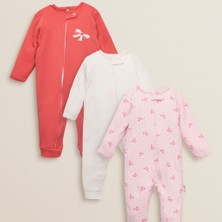 Unisex Kız Bebek %100 Pamuklu 9- 18 Ay Fermuarlı 3'lü Fiyonklu Desenli Manşetli Tulum Seti