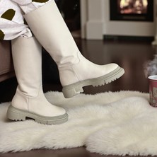 Bej Mat Deri Diz Altı Kadın Günlük Çizme