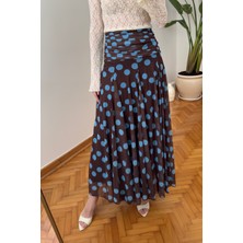 Puantiyeli Şifon Tasarım Etek- Kahverengi