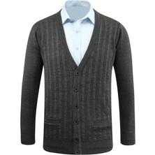 Erkek Düğmeli Hırka Cepli Desenli Çelik Örgü Klasik Kalıp - 5203M