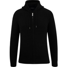 Erkek Kapüşonlu Fermuarlı Triko Hırka Selanik Örgü Cepli Klasik Kalıp - 5249K