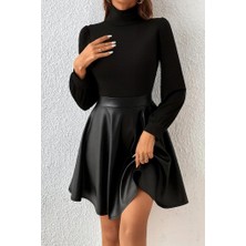 Kadın Uzun Kollu Balıkçı Yaka Üst Kaşkorse Alt Deri Detaylı Mini Elbise