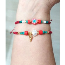 Funny Takı Iki Adet Yılbaşı Kartlı Deniz Kabuklu Fimo ve Çek Cam Boncuklu Bileklik