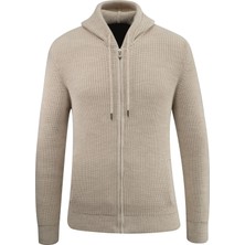 Erkek Kapüşonlu Fermuarlı Triko Hırka Selanik Örgü Cepli Klasik Kalıp - 5249K