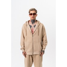 Erkek Respire Yazı Detaylı Kapüşonlu Basic Zip Oversize Hoodie Bej