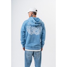 Erkek Mask Off Baskılı Yıkamalı Kapüşonlu Oversize Hoodie Mavi