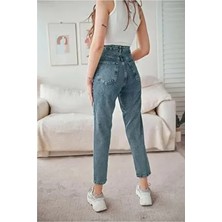 Kar Mavi Mom Jean Kadın Boyfriend Yüksek Bel Likralı Kot Pantolon