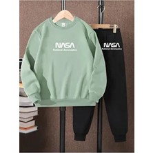 Lepold Mint Renkli 3 Iplik Oversize Eşofman Takımı Kadın/Erkek Pamuklu Uzun Kol Nasa Baskılı