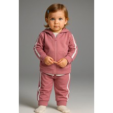 Mai Perla Yandan Çizgili Kanguru Cepli Fermuarlı Sports Wear Unisex Bebek Takım 2 Li Pembe Renkli