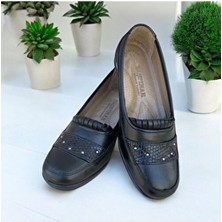 Kadın Siyah Tam Ortopedik Hakiki Deri Taban Günlük Anne Ayakkabı