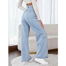 Limabel Kadın Mavi Likralı Yüksek Bel Salaş Geniş Paça Wide Leg Kot Pantolon Düz Desen Pamuk - Elastan
