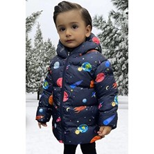 Erkek Çocuk Polarlı Kapüşonlu Gezegen Yıldız Desenli Kışlık Şişme Mont & Kaban & Parka