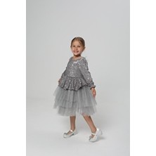 Gri Payetli Peplumlu Çocuk Abiye Elbise