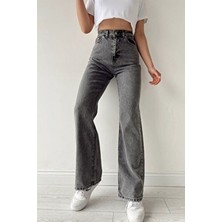 Livik Jordan Kadın Füme Likralı Bol Paça Wide Leg Kot Pantolon Pamuk - Elastan Düz Model