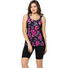 Taytkini Desenli Şortlu Tankini 5532 Desenli Siyah Büyük Beden