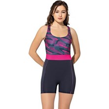 Desenli Şortlu Yüzücü Mayo 6506 Desenli Antrasit Büyük Beden