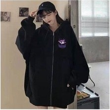 Touz Kuromi Baskılı Oversize Dokuma Siyah Unisex Kapüşonlu Fermuarlı Hırka