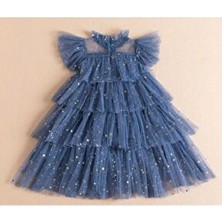 Petityu Kız Çocuk Doğum Günü Elbisesi Parlak Lacivert Kat Kat Tutu Trend Silüet