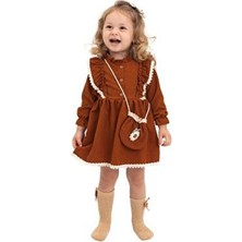 Nehir Kids Nehirim Kids Kız Çocuk Dantelli Kahverengi Triko Elbise Doğum Günü İçin Günlük Stil Slim Fit