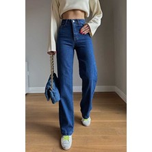 Kvnç Orta Koyu Mavi Likralı Süper Extra Yüksek Bel Palazzo Salaş Jean Pantolon