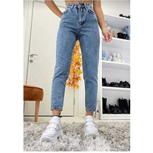 Ngbutika Açık Mavi Mom Jeans Likralı Yüksek Bel Mavi Kar Yıkamalı Mom Kot Pantolon Ekstra Esnek