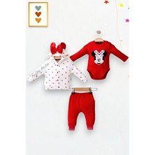 Minnie Mouse Zıbınlı Kalpli Kapşonlu Hırkalı 3'lü Kız Bebek Takım