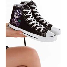 Lideral Kuromi Korsan Ayıcık Baskılı Unisex Siyah Beyaz Spor Ayakkabı Convers Uzun Bilekli Düz Taban