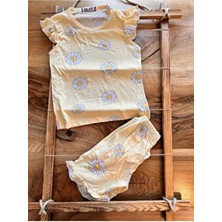 Bebtaş Sarı Papatyalı Yazlık Takım Kadın Slim Kalıp Dokuma Kumaş Çok Renkli Kısa Kollu Sezonluk