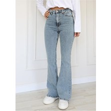 Limabel Miya Kadın Yüksek Bel Gold Flare Ispanyol Jean Pantolon Orta Kalınlık Pamuklu Düz Mavi