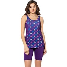 Taytkini Desenli Şortlu Tankini 5532 Desenli Mor Büyük Beden