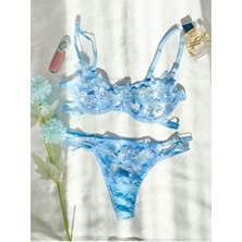 Glaminta Mavi Yonca Desenli Şeffaf Bralet Brode Sütyen Takım Kadın İç Giyim