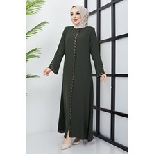 Büyük Beden Haki Ferace Taş Detaylı Polyester Karışımlı Düz Desenli Şık Tasarım
