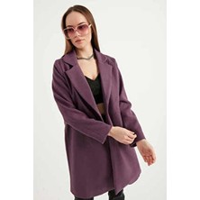 Meecy Kadın Mor Kaşe Kaban Polyester Dokuma Regular Kalıp Uzun Kol Çift Cepli Günlük Stil