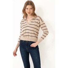 Kadın Triko Kazak Polo Yaka Çizgili (Hediye Kutulu)