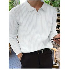 Tarz Cool Beyaz Erkek Polo Yaka Fitilli Triko Kazak Slim Fit Casual Tarzında Uzun Kol