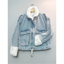 Kadın Beyaz Kürklü Denim Kot Ceket Mont