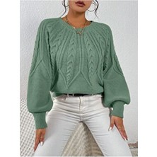 AQE FASHION Kadın Mint Renk Bisiklet Yaka Uzun Kol Triko Kazak Saç Örgülü Tasarım
