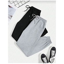 Ikili Jogger Eşofman Altı-Siyah ve Gri Lastik Paça Yüksek Bel Eşofman