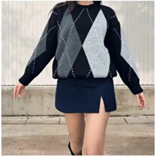 Siyah Gri Baklava Desen Oversize Triko