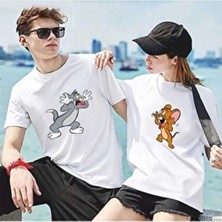 Tom ve Jerry Tasarım Sevgili Çift Kombini Beyaz Oversize Tshirt 2'li Set