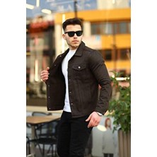 Erkek Trend Polo Yaka Slim Fit Denim Jeans Kestane Kot Ceket