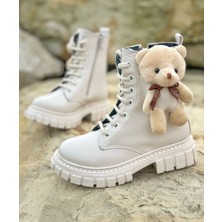 Surpie Shoes Ayıcıklı Siyah Kız Çocuk Bot, Fermuarlı Bağcıklı Düz Topuklu Rahat Tasarım