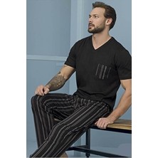 Aydoğan Pamuk Erkek V Yaka Yazlık Çizgili Penye Pijama Takım Kısa Kol Basic Tasarım