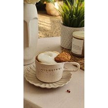 El Yapımı Seramik Kahve Kupası Good Morning Beyaz Dokulu