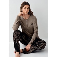 Kadın Modal Pamuk Yakası Düğmeli Pijama Takım, Alt Pijama Cepli ve Desenli