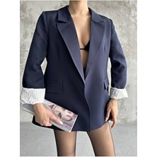 Kadın Lacivert Astarlı Blazer Ceket Kol Içi Çizgili Katlama Detaylı