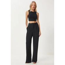 Kadın Siyah Beli Cırtlı Rahat Dokuma Pantolon RV00150