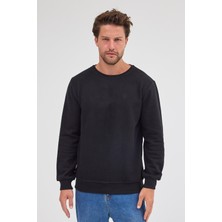 Erkek Siyah Standart Fit Normal Kesim Pamuklu Basic Bisiklet Yaka Sweatshirt